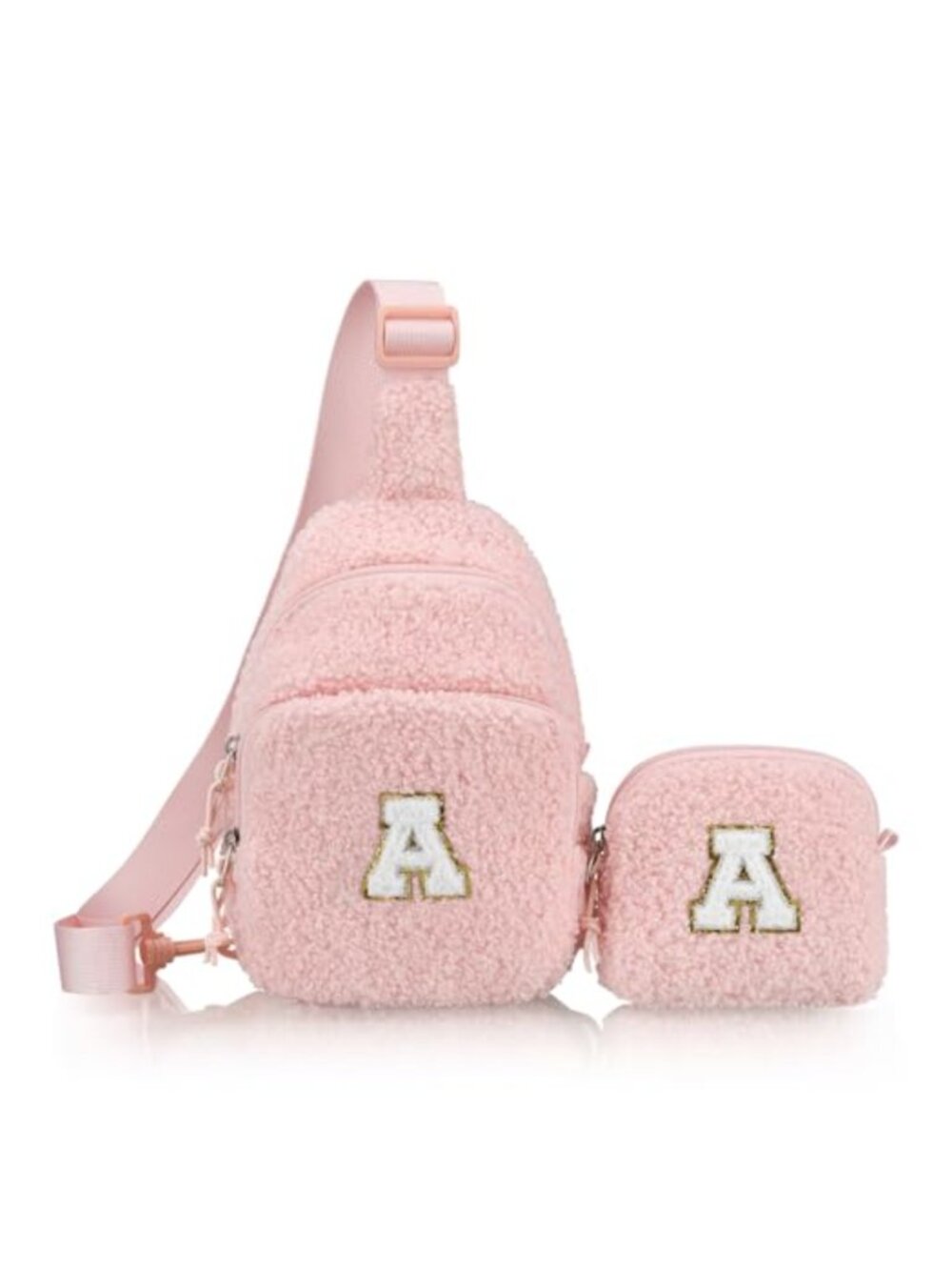 Initial Girls Crossbody Bag Detachable Pouch Plush Sling Purse Gift Set